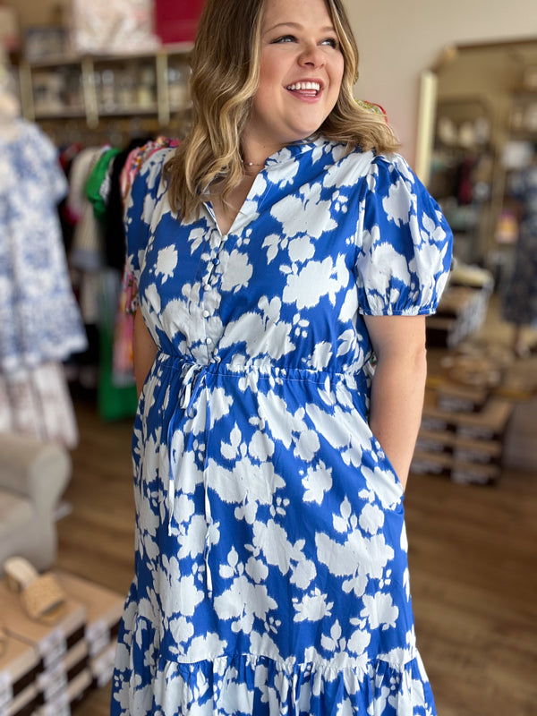 RESTOCKED! "Blissfully Blue" Plus-Size Floral Midi Dress