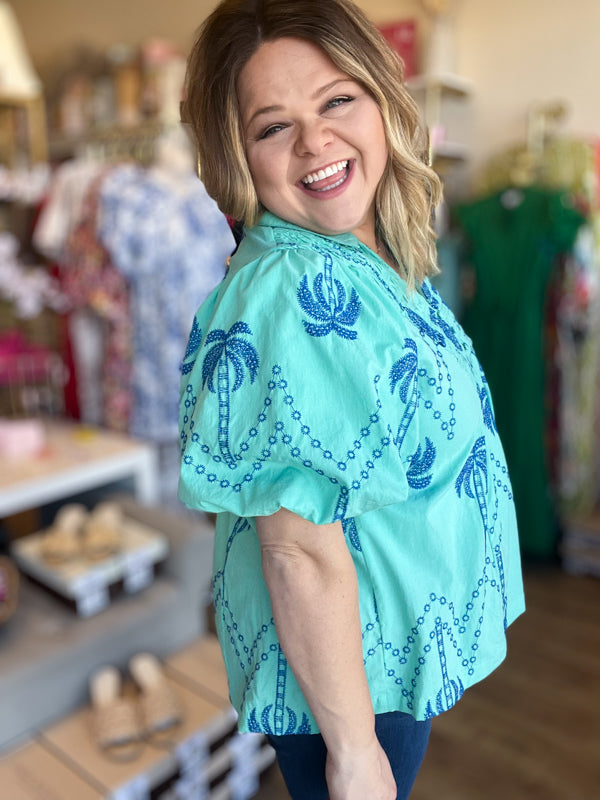 "Breezy & Beachy" Curvy Mint & Blue Embroidered Top