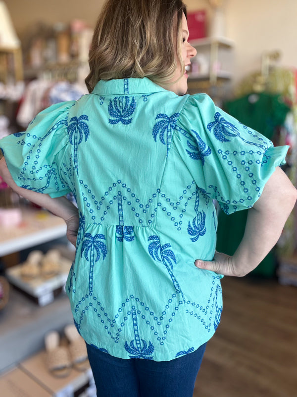 "Breezy & Beachy" Curvy Mint & Blue Embroidered Top
