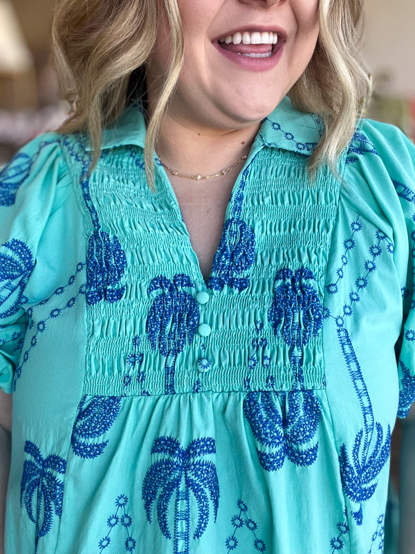 "Breezy & Beachy" Curvy Mint & Blue Embroidered Top
