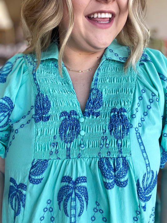 "Breezy & Beachy" Curvy Mint & Blue Embroidered Top