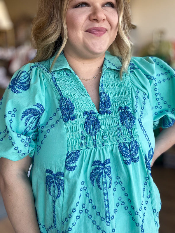 "Breezy & Beachy" Curvy Mint & Blue Embroidered Top