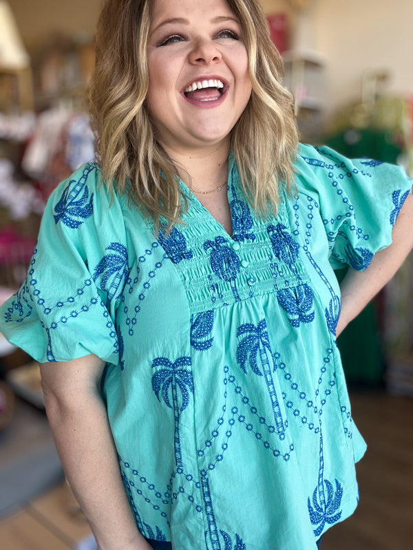 "Breezy & Beachy" Curvy Mint & Blue Embroidered Top