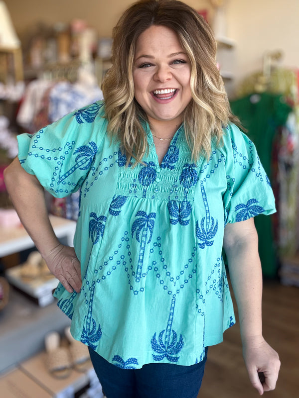 "Breezy & Beachy" Curvy Mint & Blue Embroidered Top