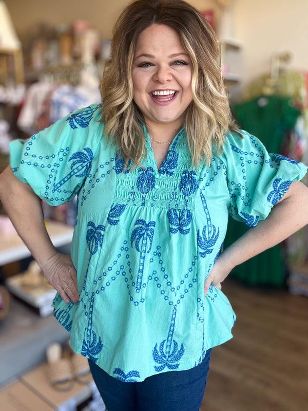 "Breezy & Beachy" Curvy Mint & Blue Embroidered Top