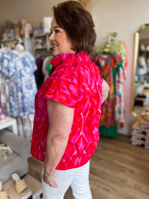 "Colorful Craze" Plus-Size Ikat Mock Neck Top