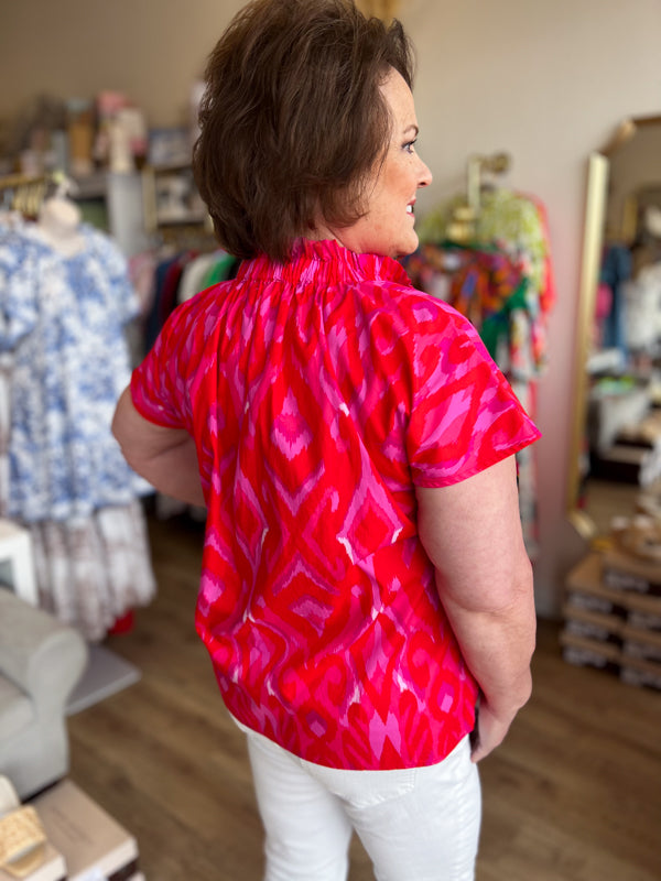 "Colorful Craze" Plus-Size Ikat Mock Neck Top
