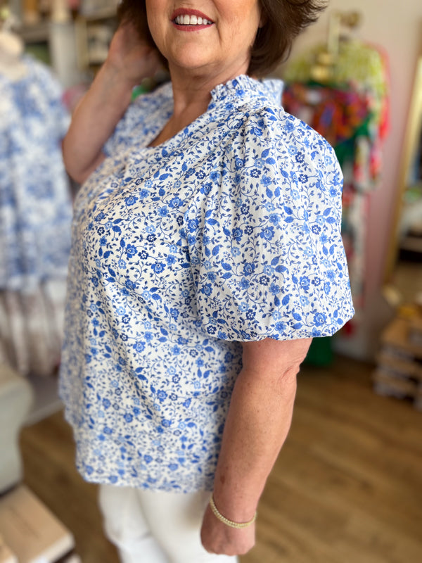 "Delicate Daisies" Plus-Size Dainty Blue Floral Top