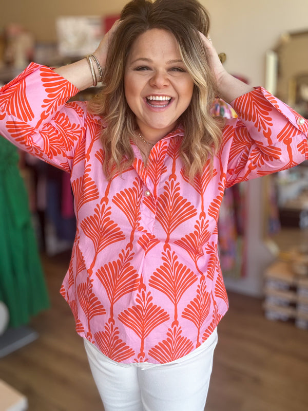 "The World is Your Oyster" Curvy Orange & Pink Top