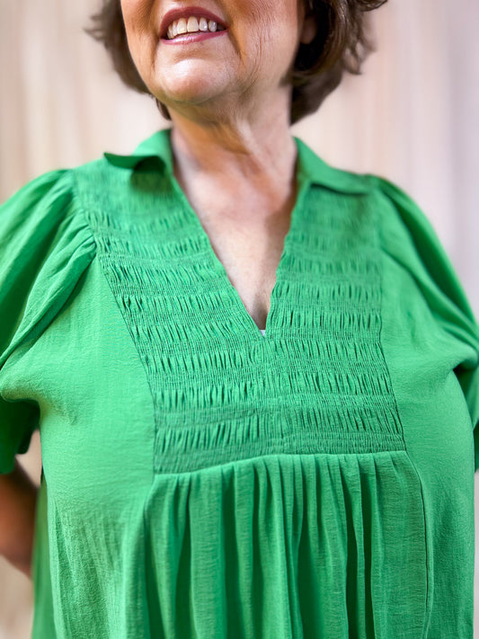 Apple of My Eye Curvy Green Smocked Blouse