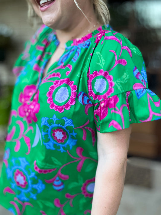 Bloom & Grow Plus-Size Green Floral Ruffle Top
