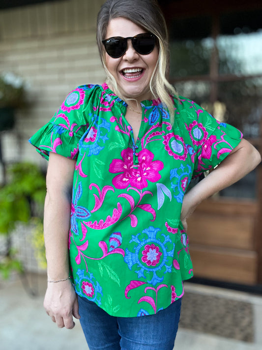 Bloom & Grow Plus-Size Green Floral Ruffle Top
