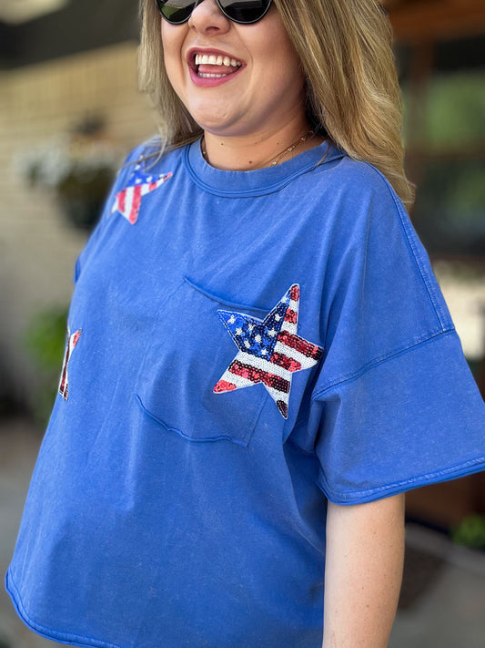Boom, Pop, Sparkle Plus-Size Blue Sequin Star Top - FINAL SALE