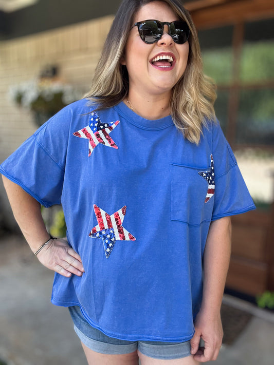 Boom, Pop, Sparkle Plus-Size Blue Sequin Star Top - FINAL SALE