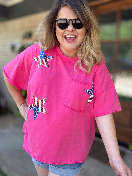 Boom, Pop, Sparkle Plus-Size Pink Sequin Star Top - FINAL SALE