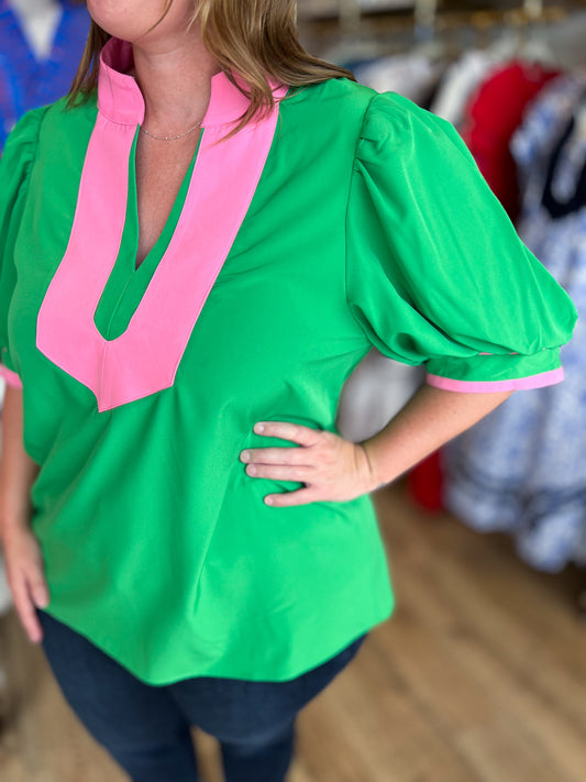 Cue the Charm Curvy Green Top with Pink Trim