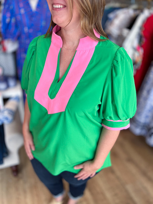 Cue the Charm Curvy Green Top with Pink Trim