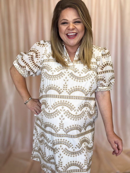 Down By the Bay Curvy White & Beige Eyelet Dress