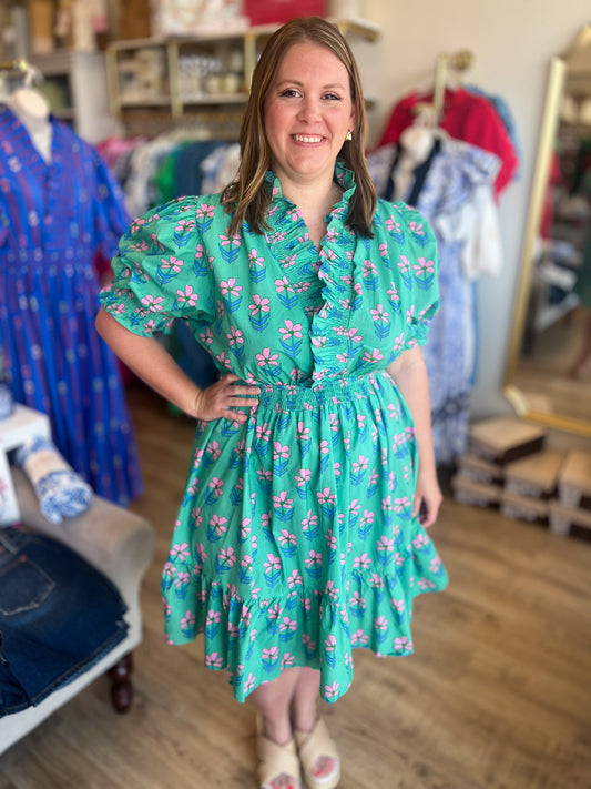Dragonfruit Daze Curvy Jade Ruffled Floral Babydoll Dress
