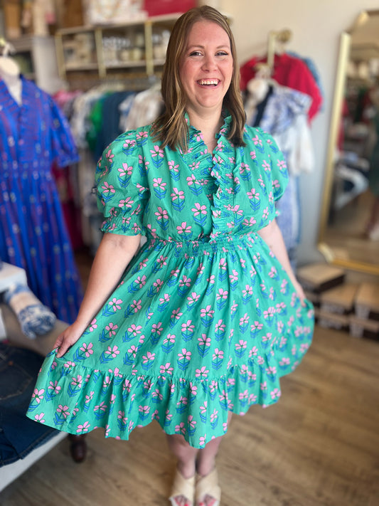 Dragonfruit Daze Curvy Jade Ruffled Floral Babydoll Dress