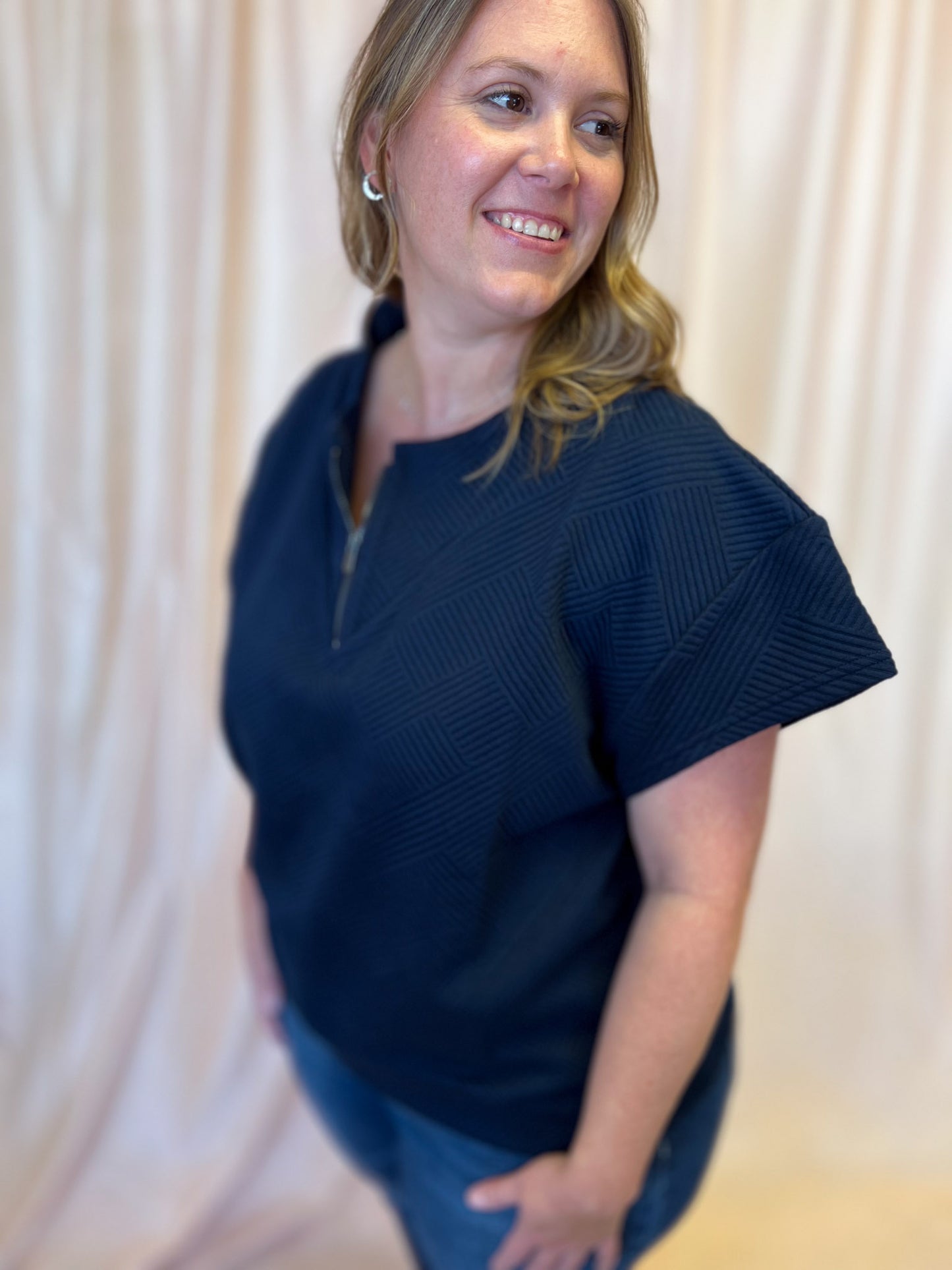 Everyday Effortless Plus-Size Navy Textured Half Zip Top