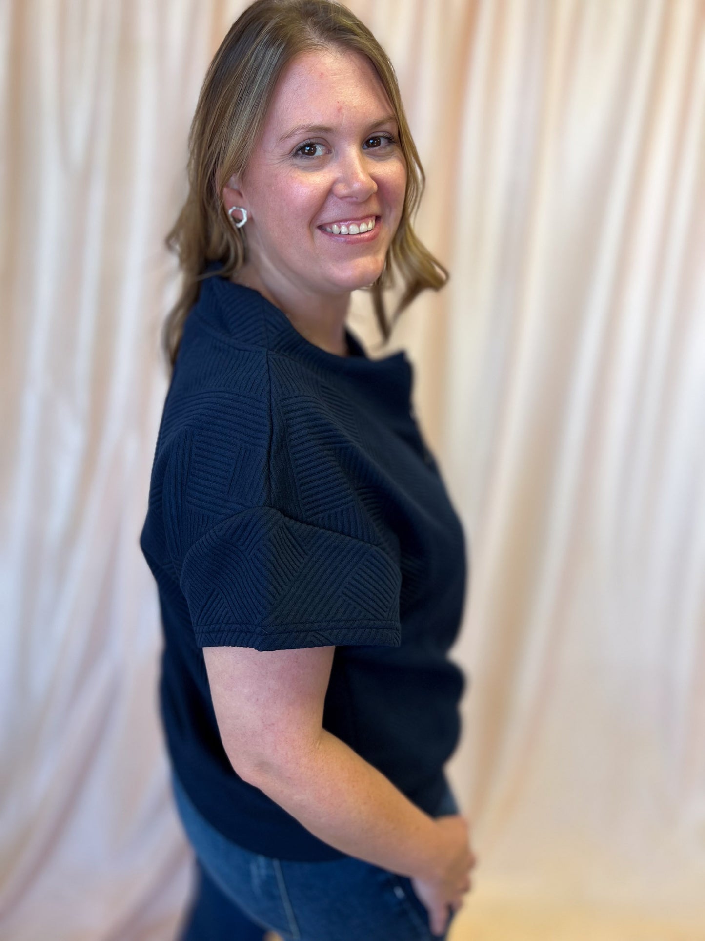 Everyday Effortless Plus-Size Navy Textured Half Zip Top
