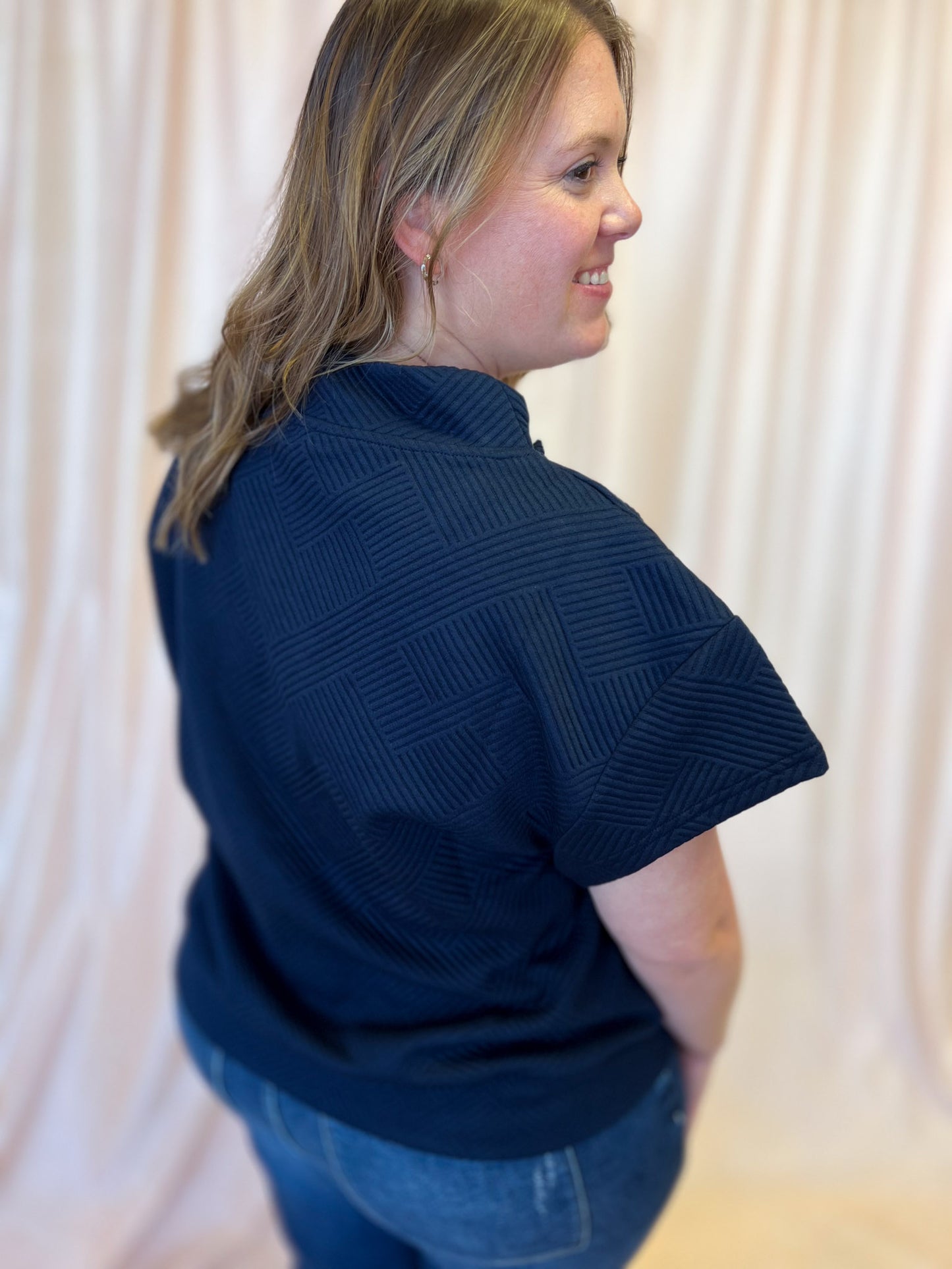 Everyday Effortless Plus-Size Navy Textured Half Zip Top