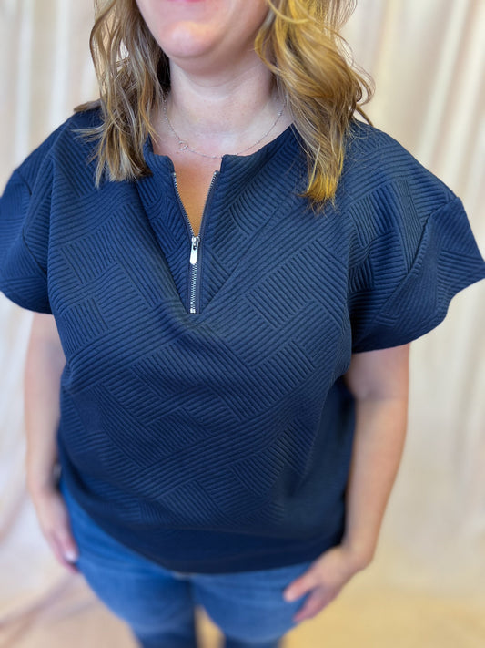 Everyday Effortless Plus-Size Navy Textured Half Zip Top