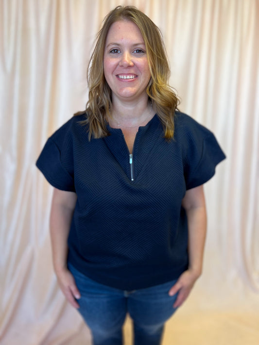 Everyday Effortless Plus-Size Navy Textured Half Zip Top