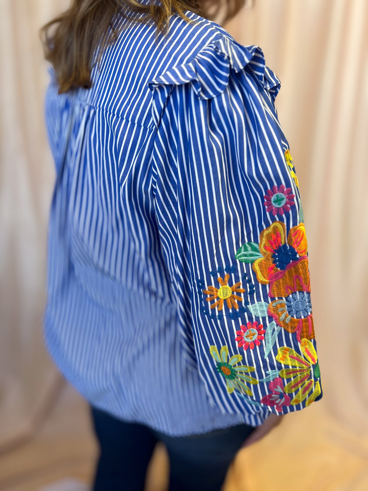 Feeling Festive Curvy Blue Stripe Embroidered 3/4 Sleeve Top