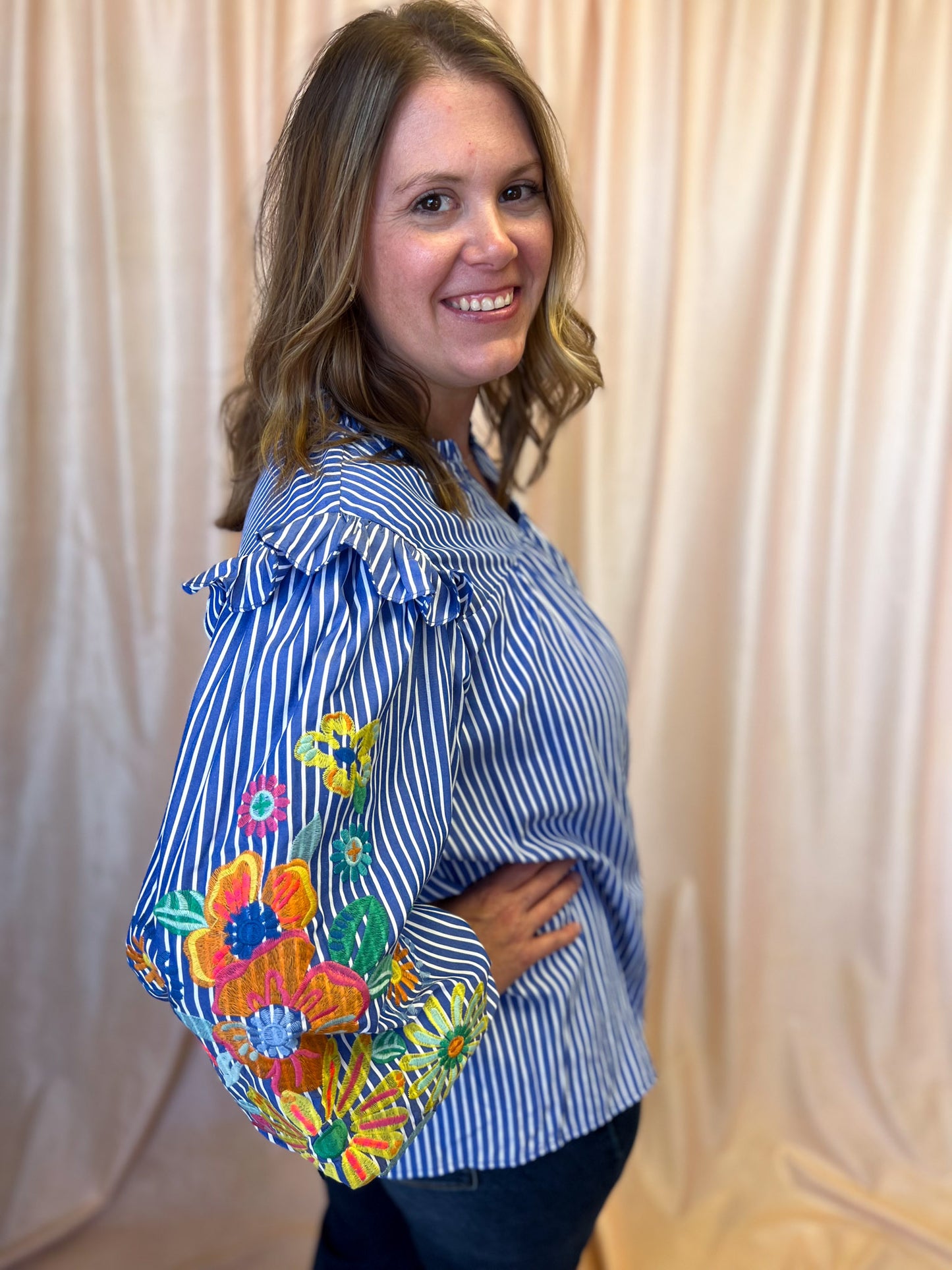 Feeling Festive Curvy Blue Stripe Embroidered 3/4 Sleeve Top