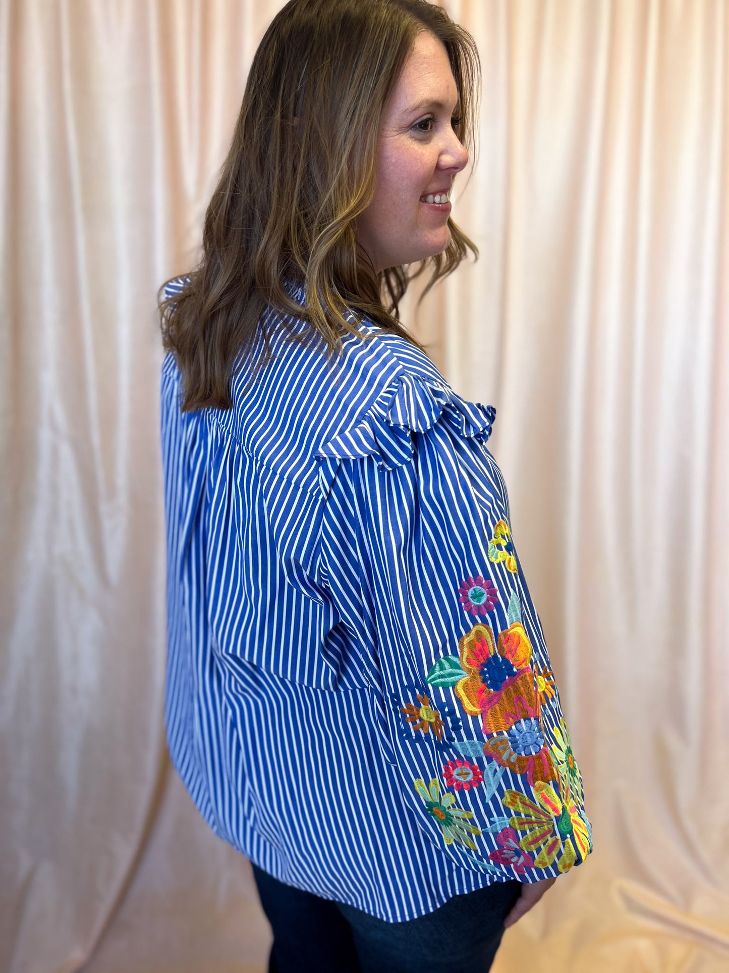 Feeling Festive Curvy Blue Stripe Embroidered 3/4 Sleeve Top