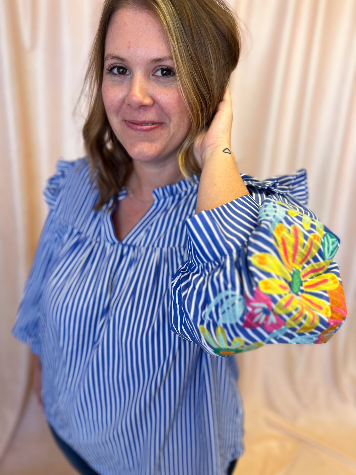 Feeling Festive Curvy Blue Stripe Embroidered 3/4 Sleeve Top