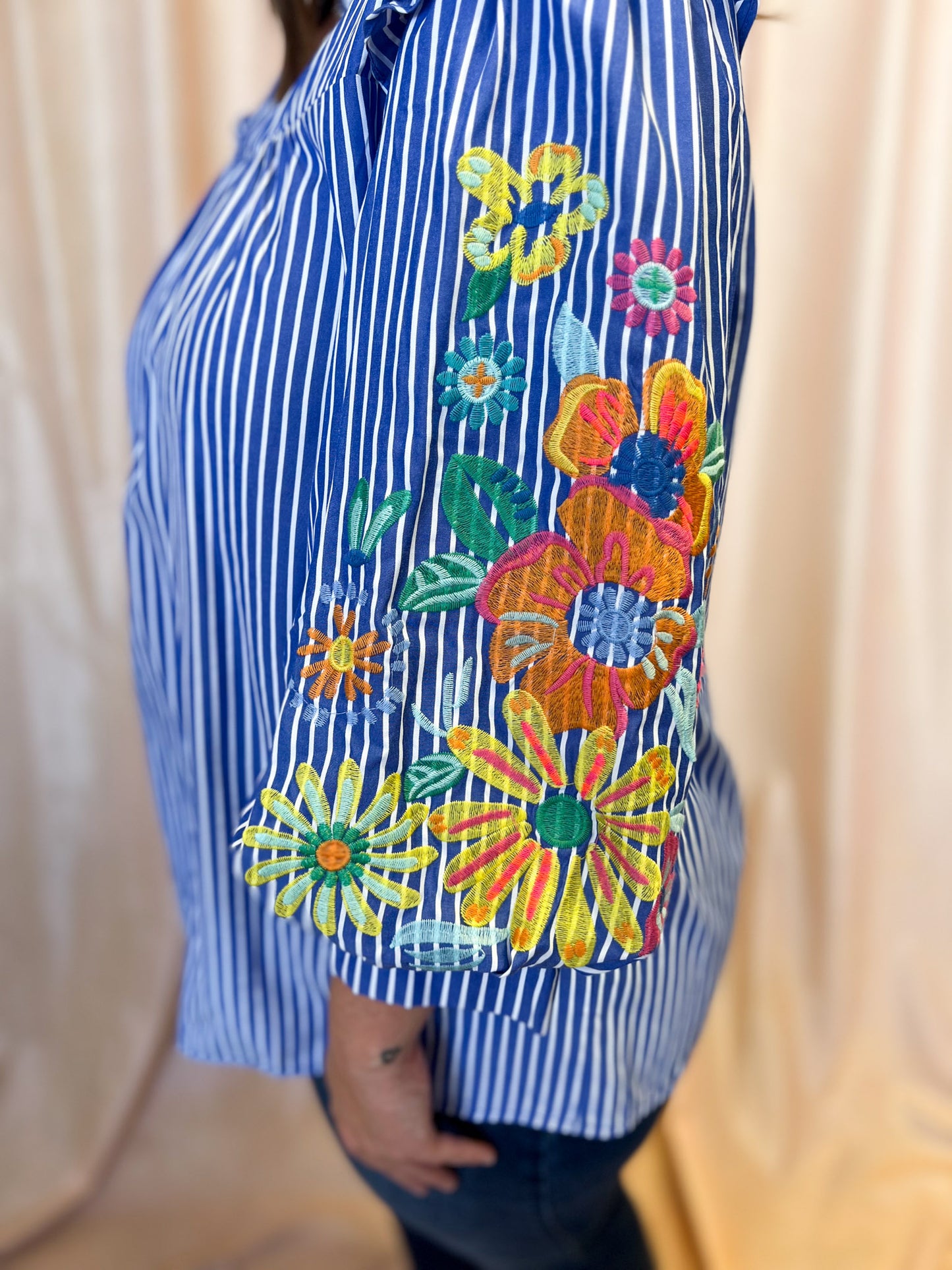 Feeling Festive Curvy Blue Stripe Embroidered 3/4 Sleeve Top