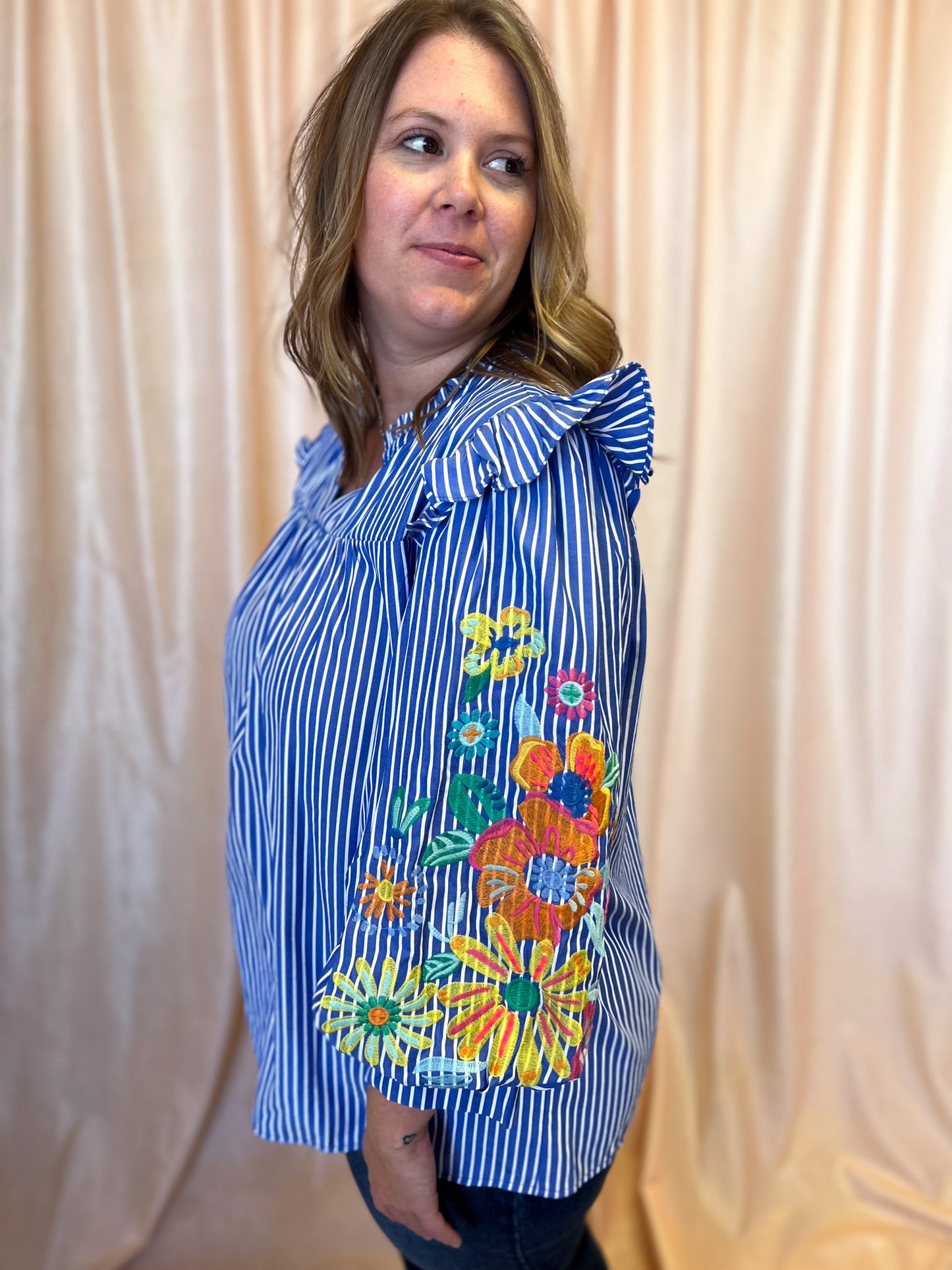 Feeling Festive Curvy Blue Stripe Embroidered 3/4 Sleeve Top