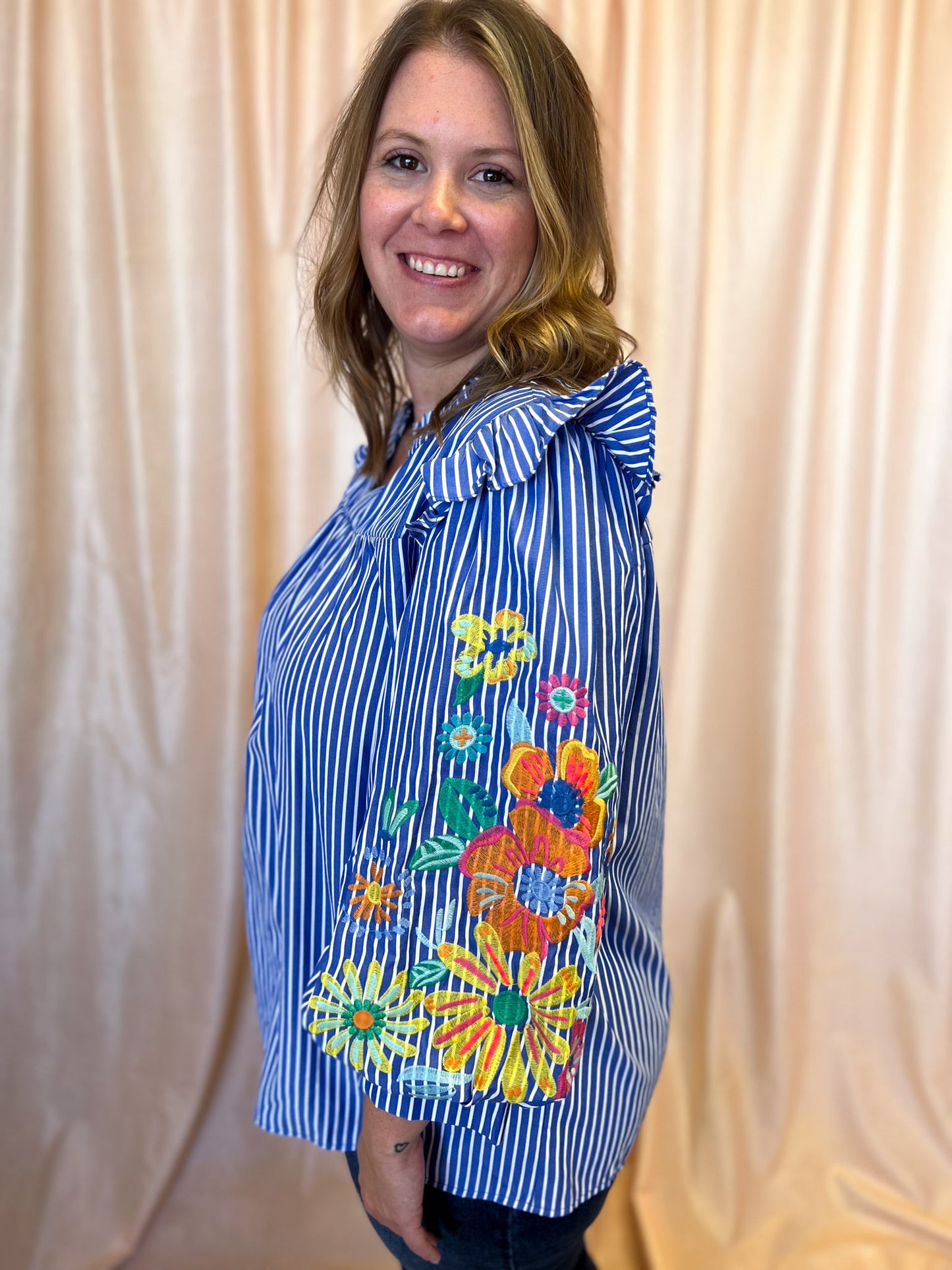 Feeling Festive Curvy Blue Stripe Embroidered 3/4 Sleeve Top