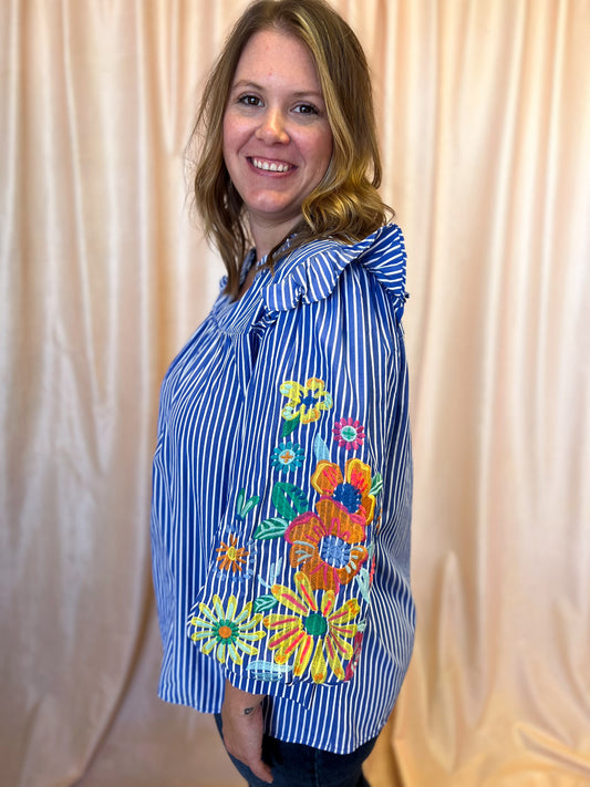 Feeling Festive Curvy Blue Stripe Embroidered 3/4 Sleeve Top