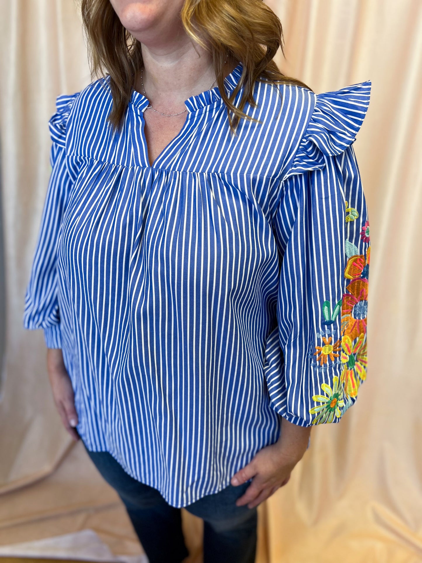Feeling Festive Curvy Blue Stripe Embroidered 3/4 Sleeve Top