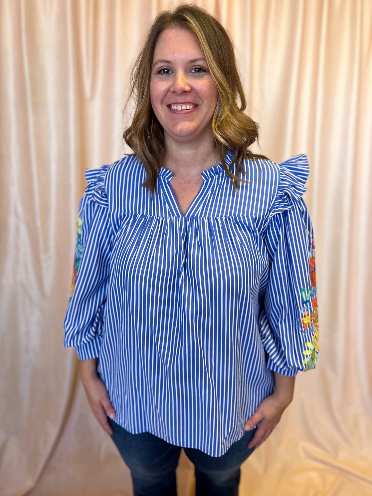 Feeling Festive Curvy Blue Stripe Embroidered 3/4 Sleeve Top