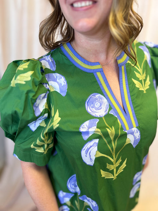 From Summer to Fall Curvy Green Floral Blouse