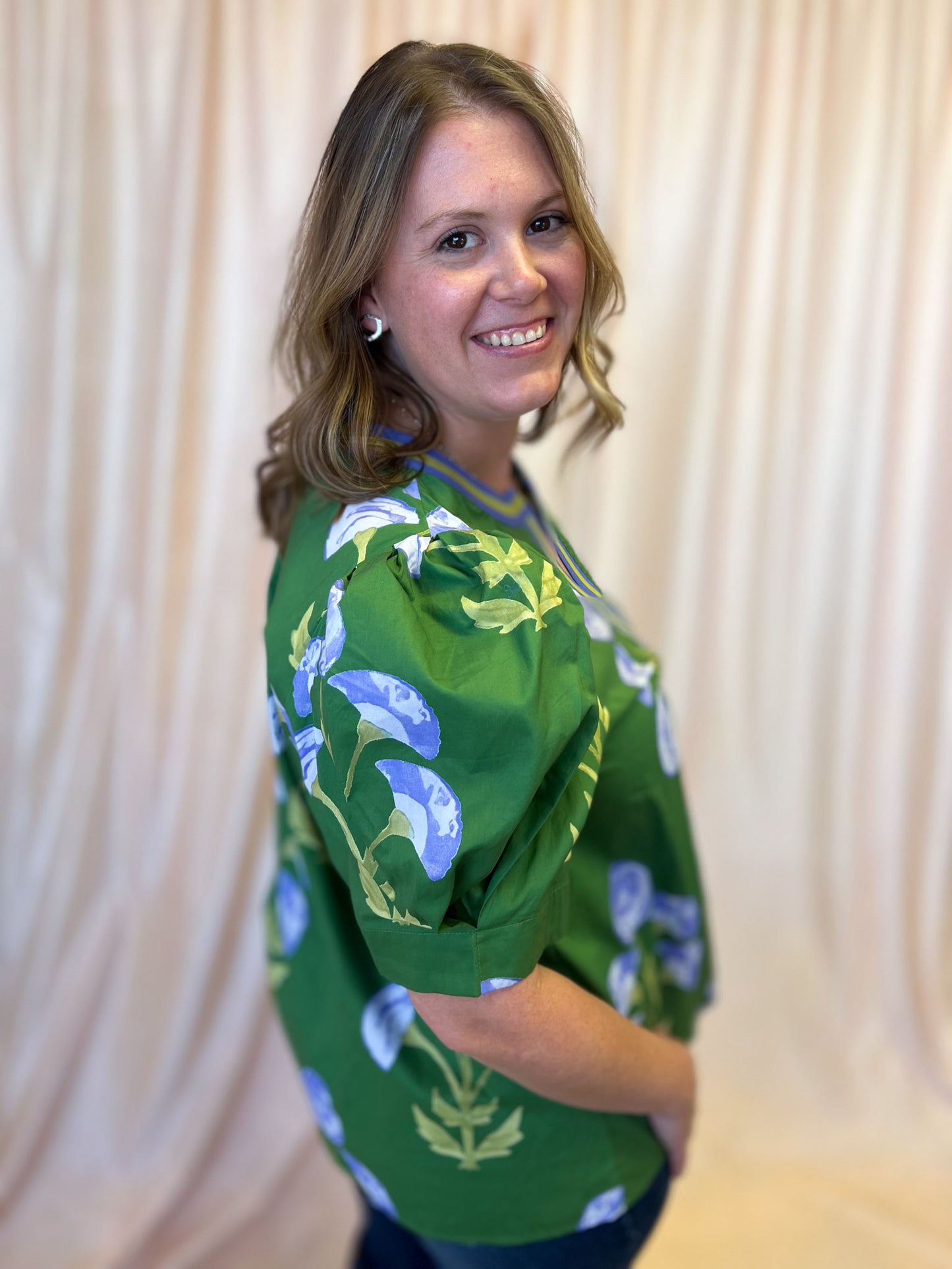 From Summer to Fall Curvy Green Floral Blouse