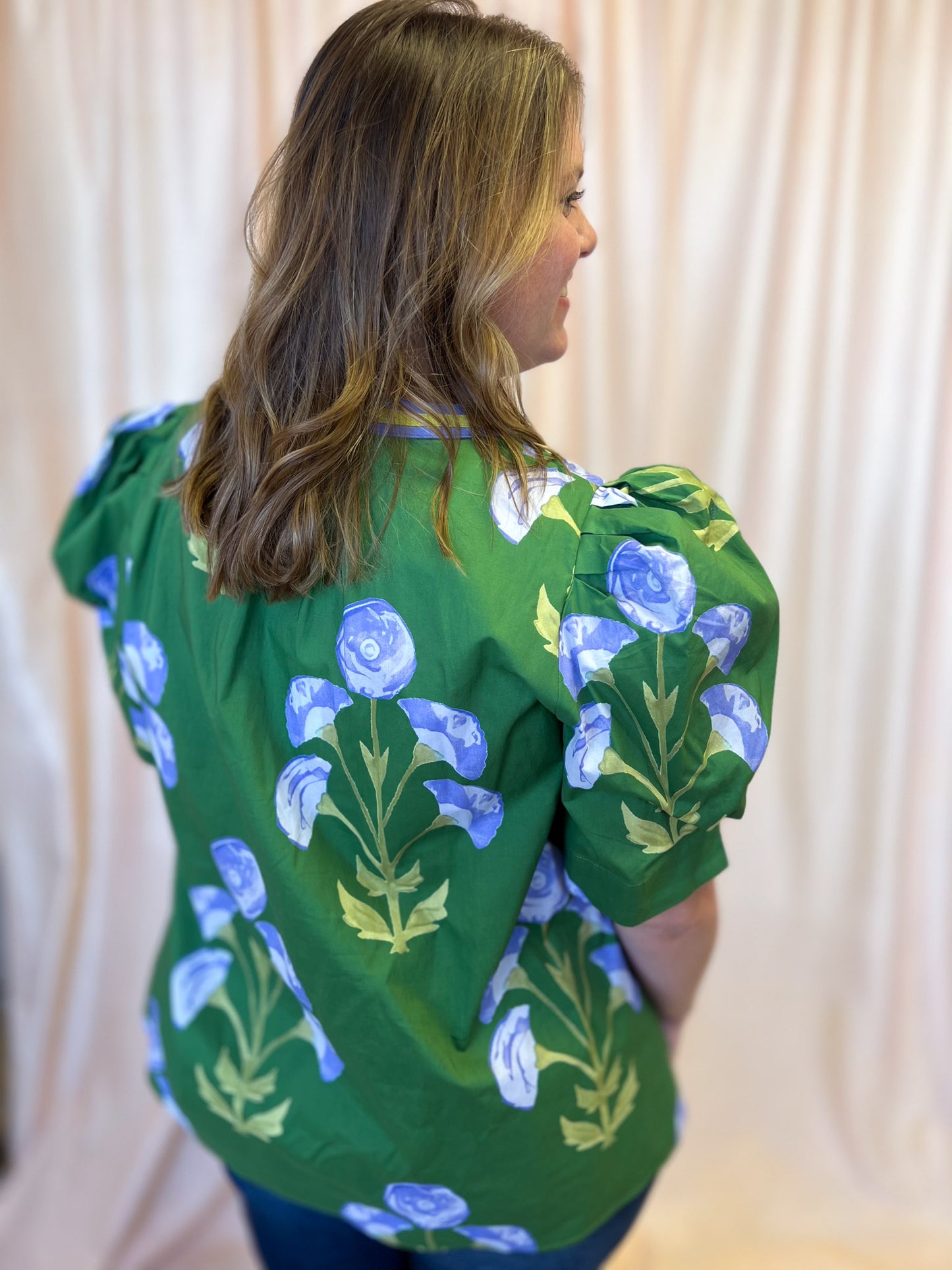 From Summer to Fall Curvy Green Floral Blouse