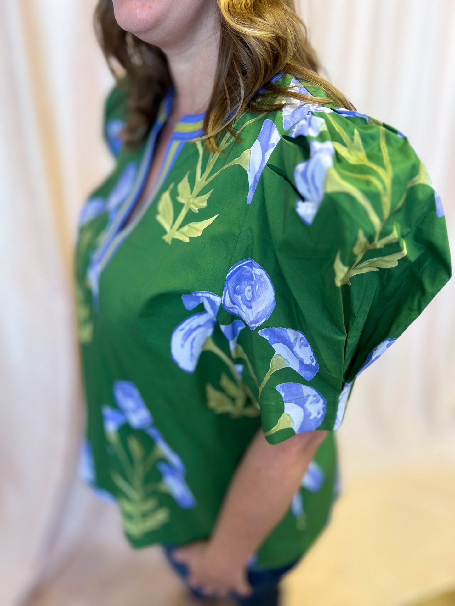 From Summer to Fall Curvy Green Floral Blouse