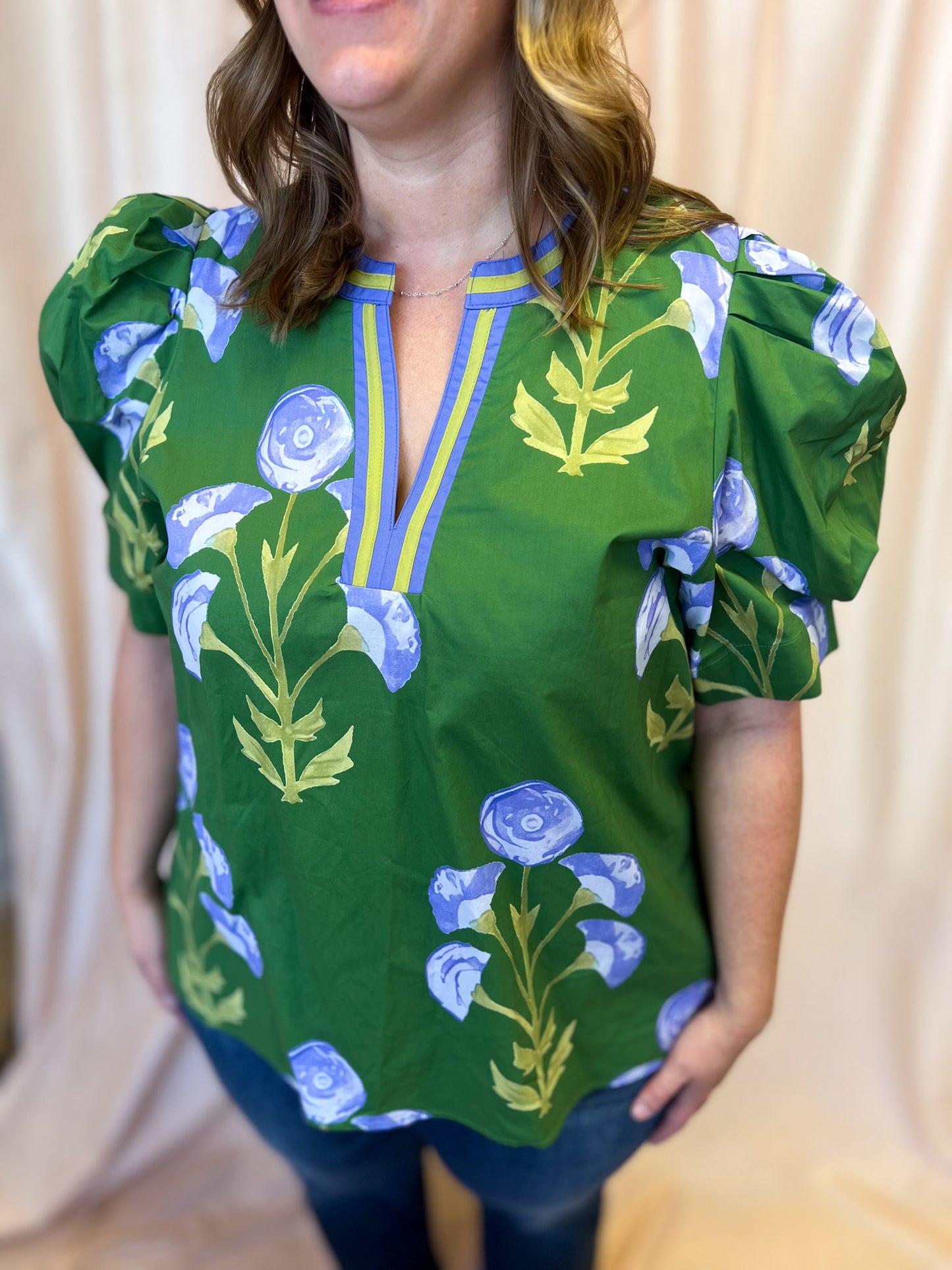 From Summer to Fall Curvy Green Floral Blouse
