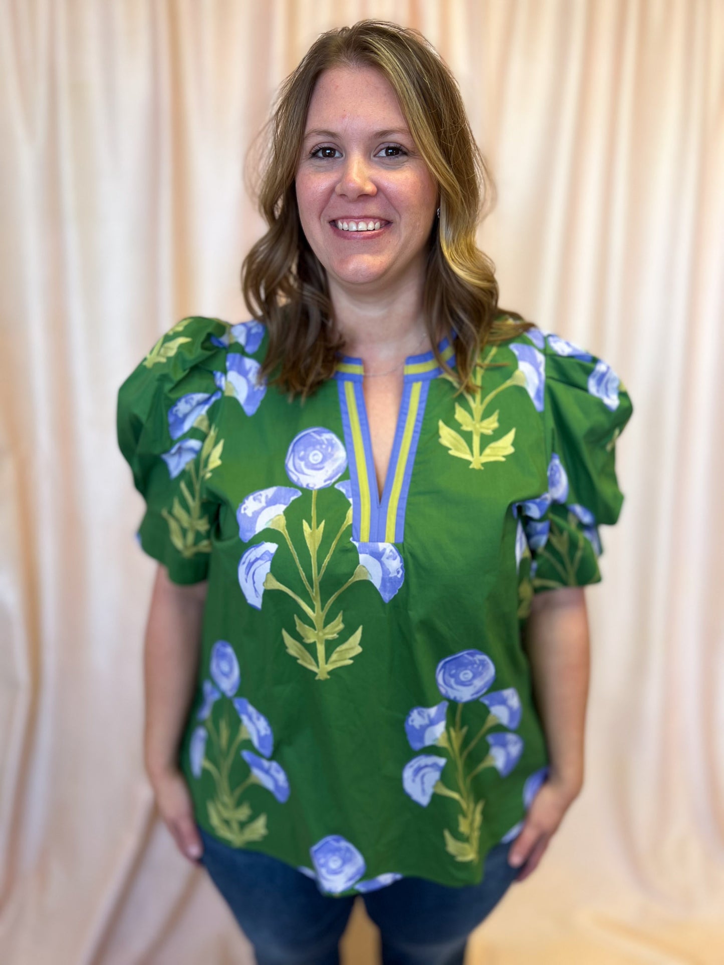 From Summer to Fall Curvy Green Floral Blouse