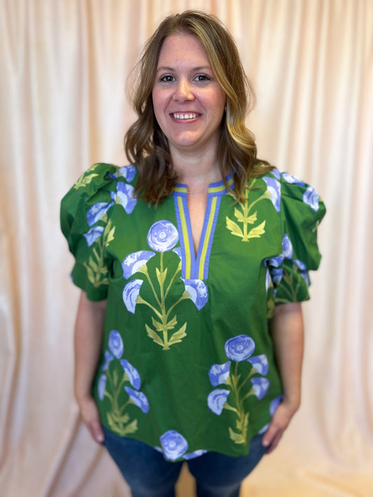 From Summer to Fall Curvy Green Floral Blouse