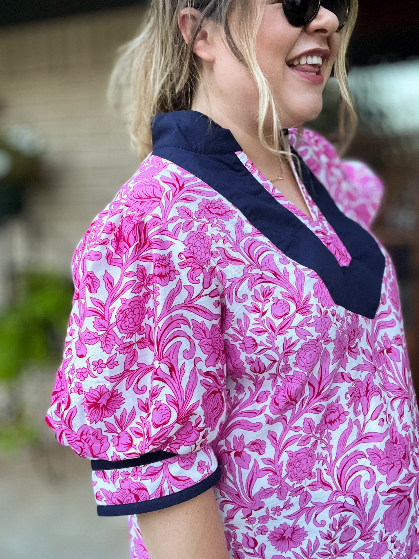 Glow Your Own Way Curvy Pink Floral Top with Navy Trim