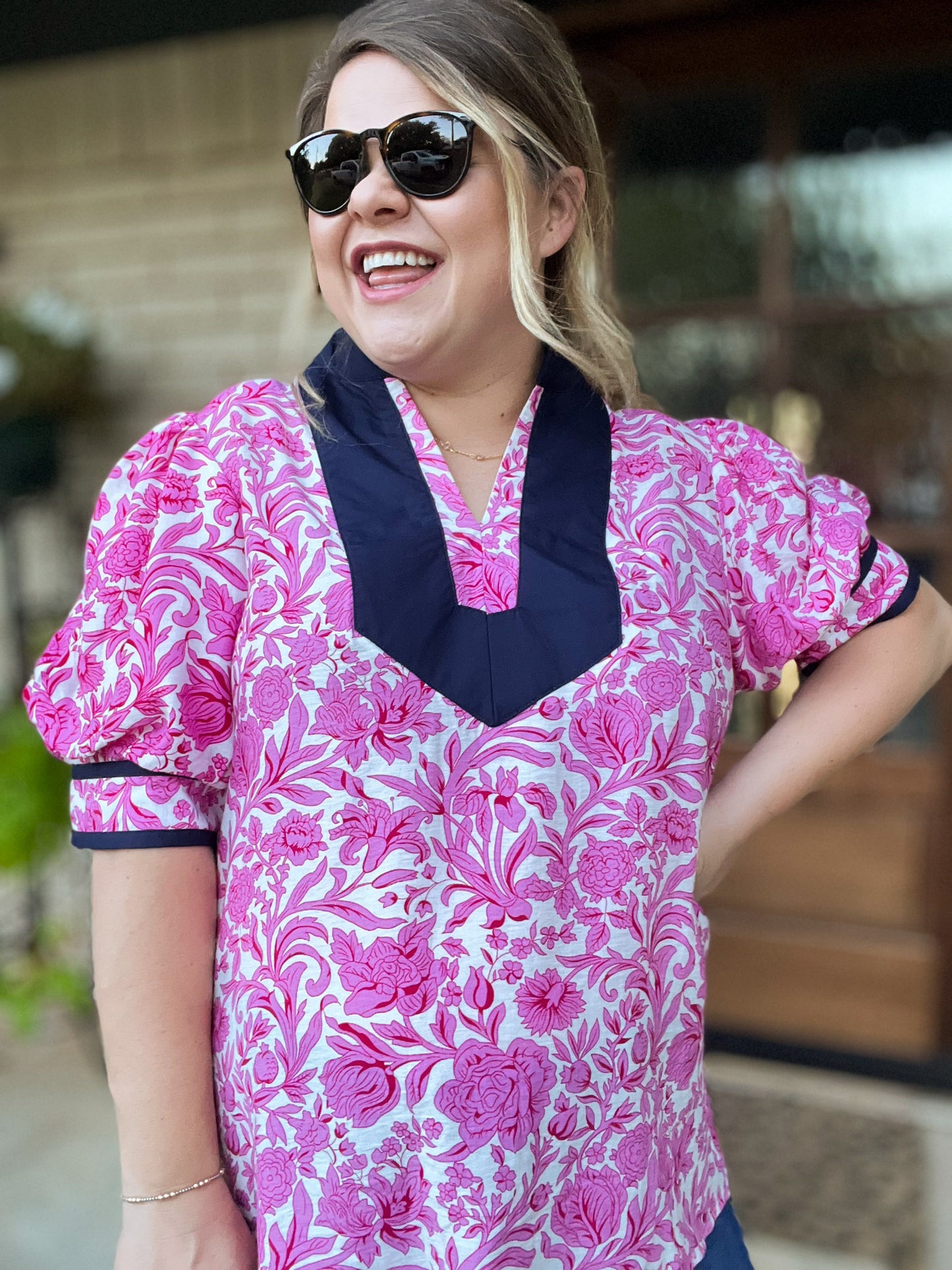 Glow Your Own Way Curvy Pink Floral Top with Navy Trim