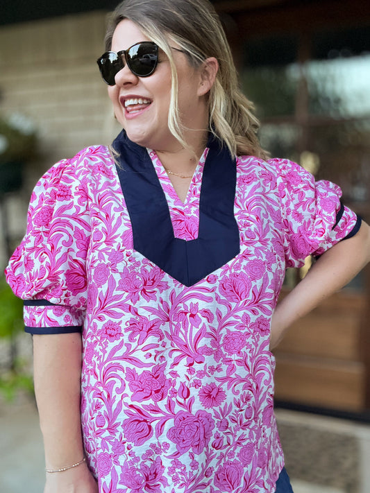 Glow Your Own Way Curvy Pink Floral Top with Navy Trim