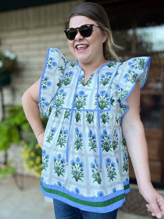 Long Hot Summer Day Curvy Floral Flutter Sleeve Top